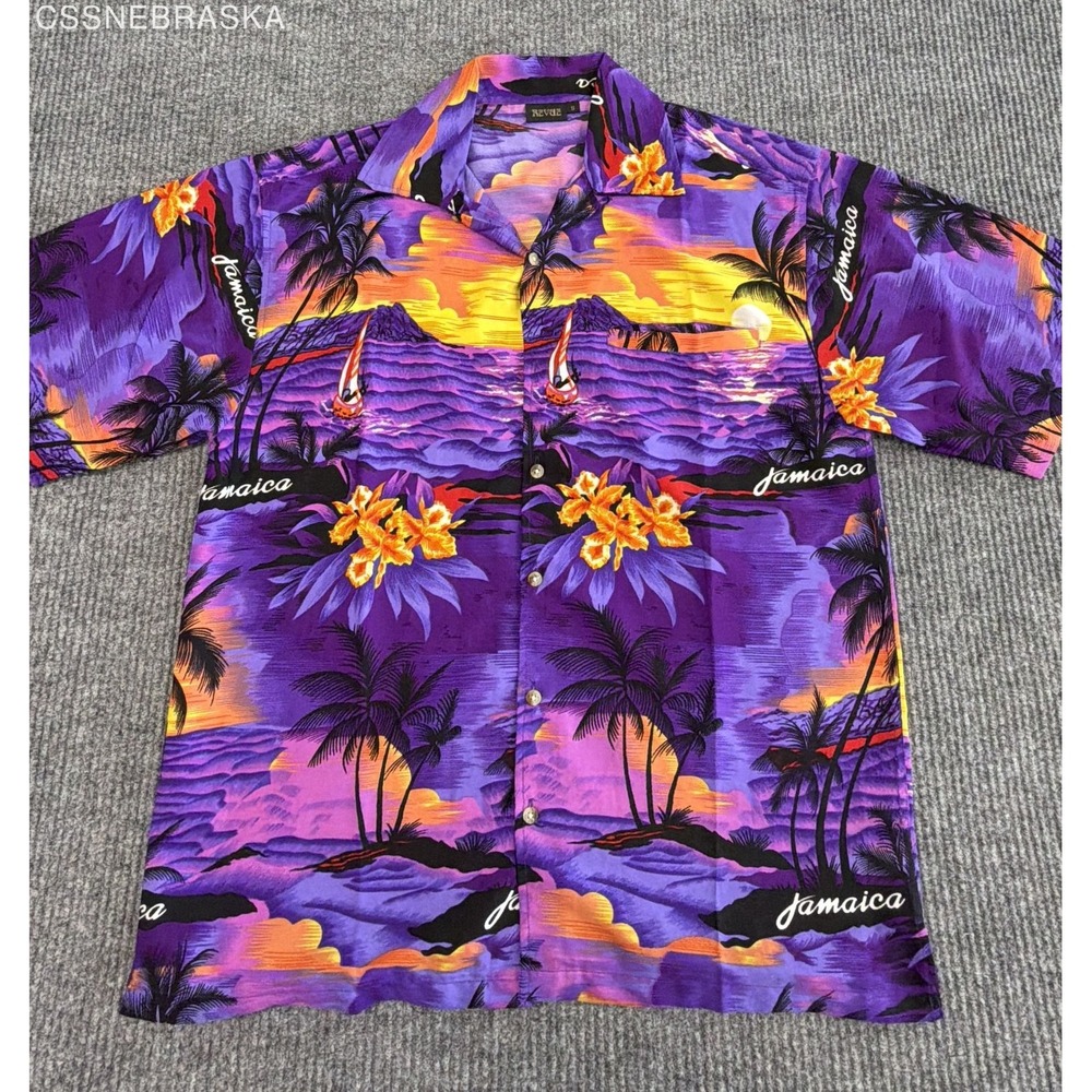 Vintage 90s Revue Men's Jamaica Tropical‎ Sunset Shirt Purple Palm Tree Sz S
